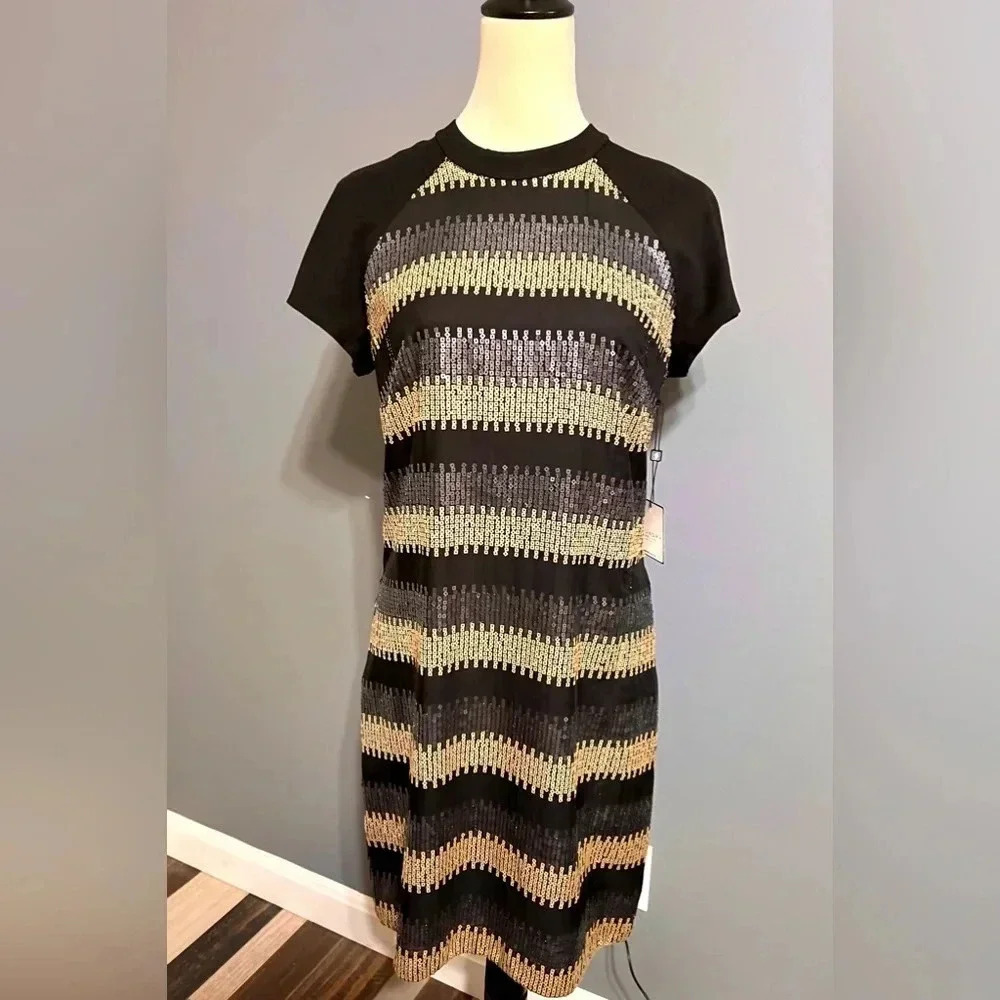 LAUNDRY BY SHELLI SEGAL size 6 black  metallic gold silver mini dress